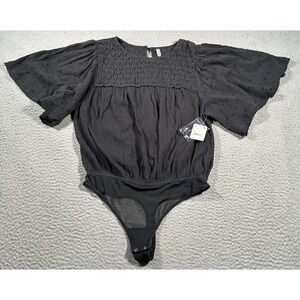 Free People Perfect Catch Bodysuit Women Small Black Balloon Sleeve BOHO NWT‎